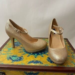 DailyShoes Gold Glitter Mary Jane Pumps Platform Stiletto Heels Round Toe 7.5